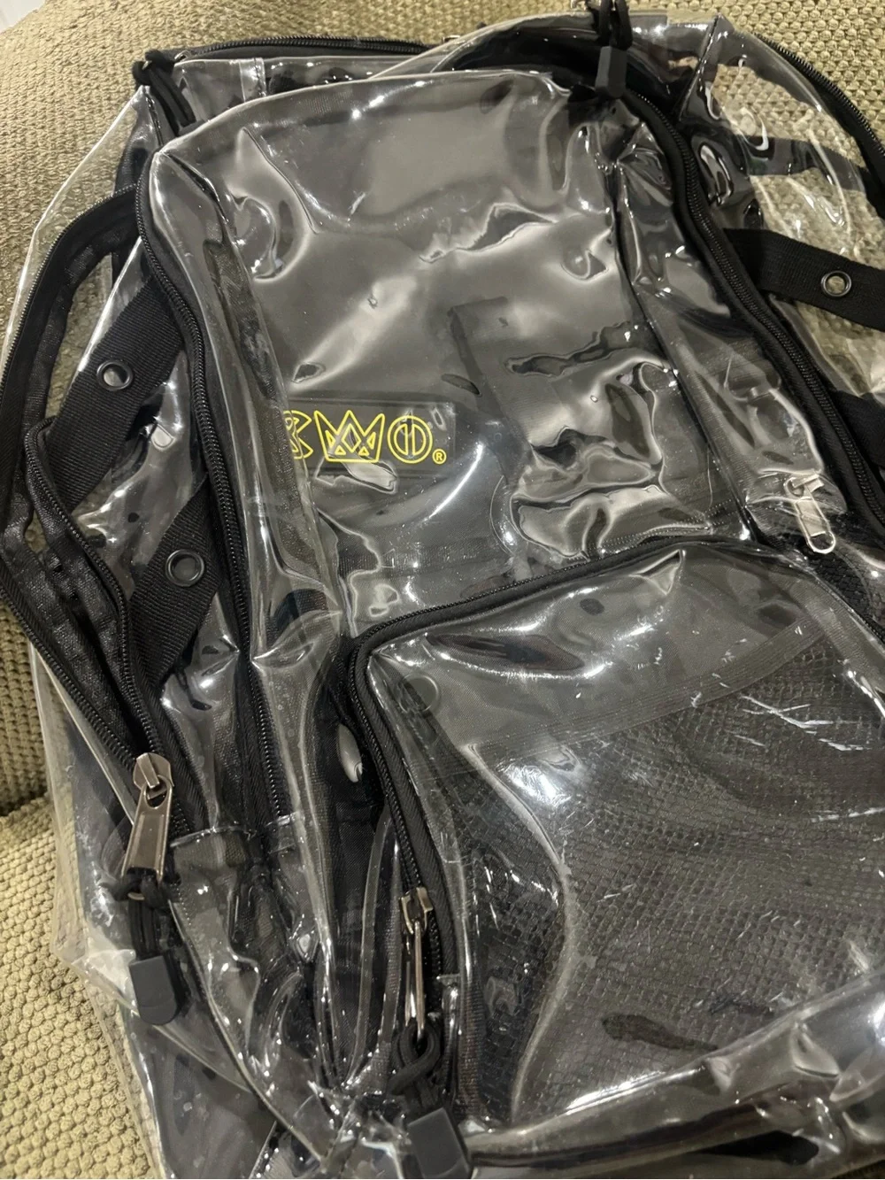 Clear Black PVC Backpack with Yellow Logo Accent